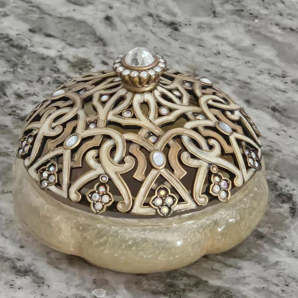 RARE JAY STRONGWATER ARABESQUE SCROLL CRYSTAL ENAMEL VANITY JAR CANISTER BOX